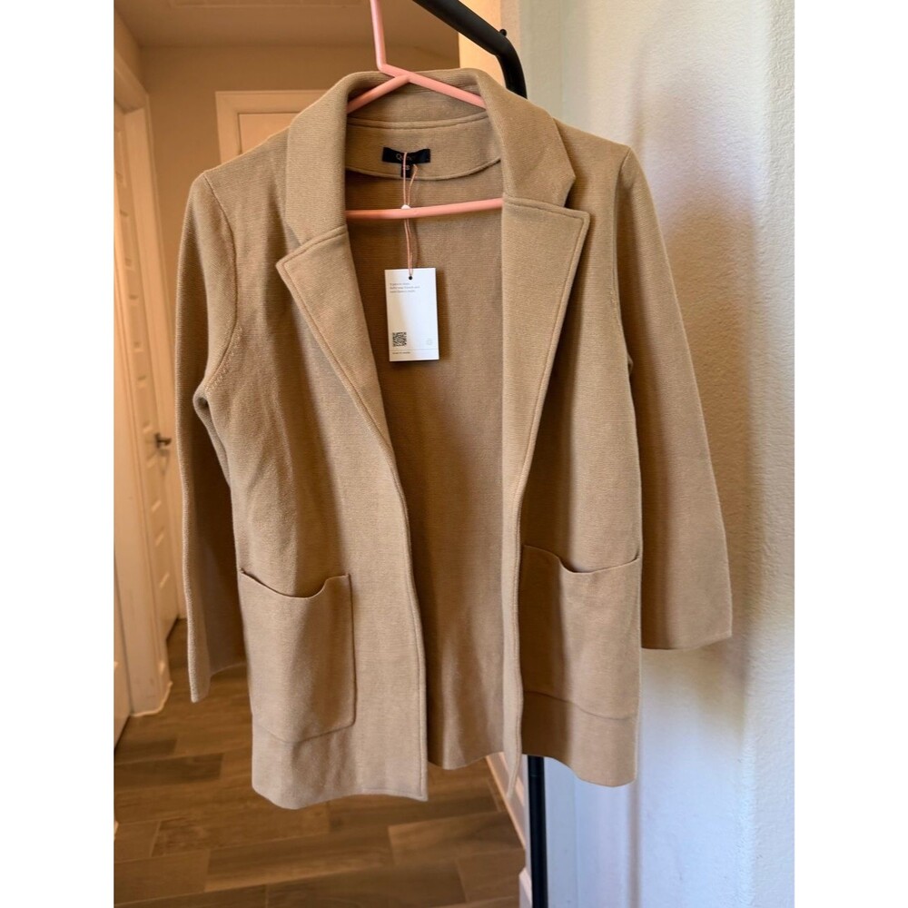 Quince 100% Organic Cotton Knit Camel Tan Open-Front Blazer Jacket XS